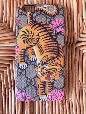 Used Gucci Orange Tiger Phone Case with Pink Floral Accents for iPhone 7plus or